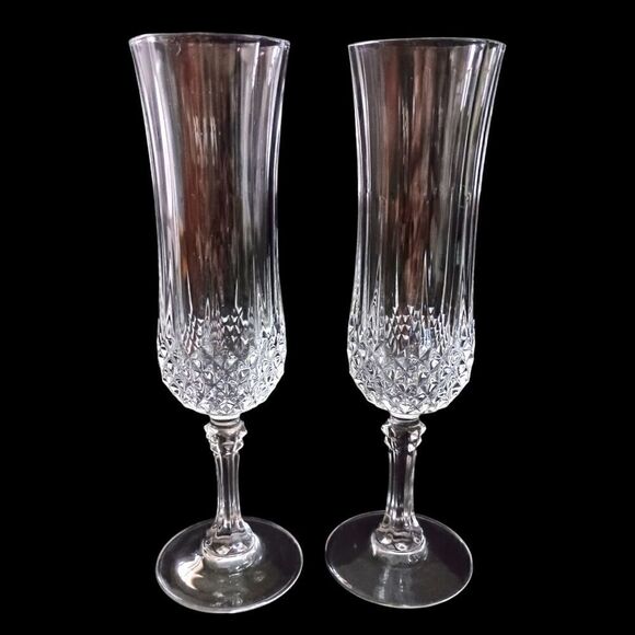 Cristal D Arques Longchamp Champagne Flutes Pair Diamax Crystal Clear France - Picture 10 of 16